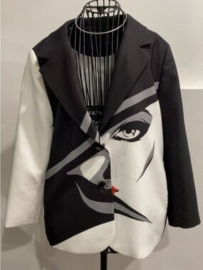Graphic Face Print Black & White Women's Blazer Size L
